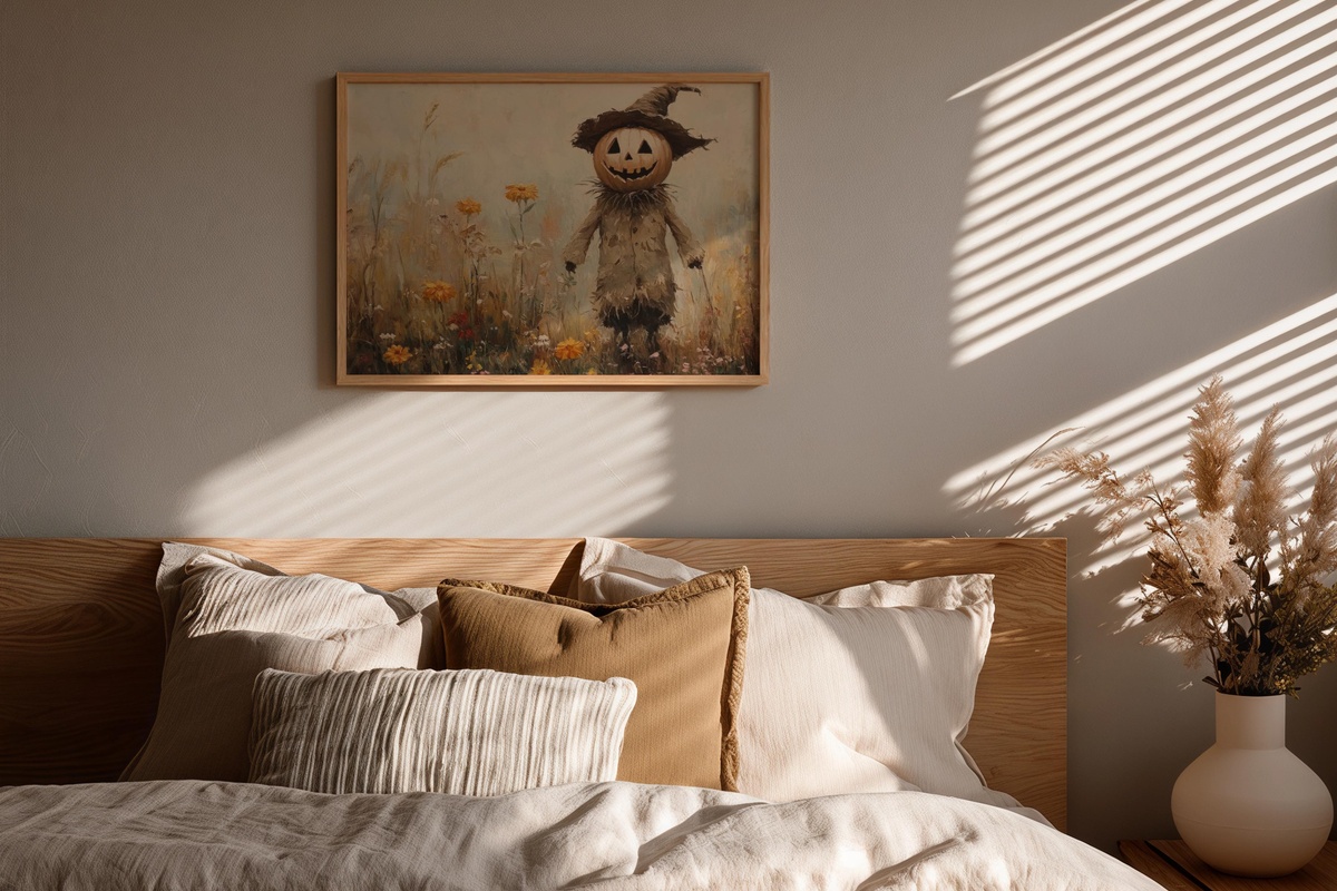 Scarecrow amid wildflowers Halloween printable wall art