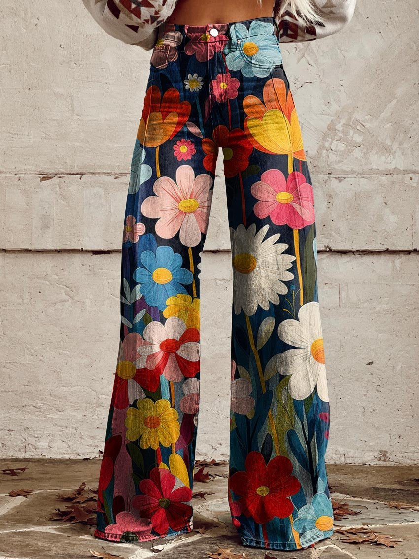 Lavisa - Women's High-Waisted Floral Palazzo Pants - Wide Leg Resort Print Trousers