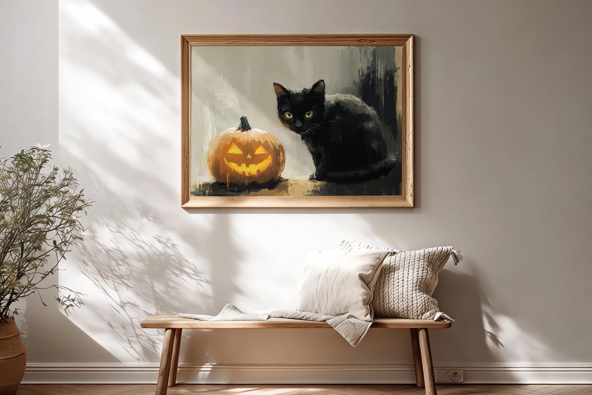 Pumpkin Glow and Black Cat Halloween Printable Wall Art