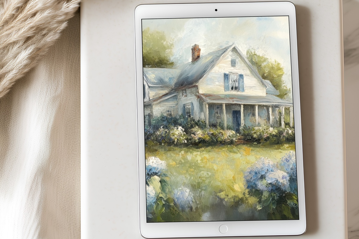 Hydrangeas in Farmhouse Bloom Farmhouse iPad Wallpaper in serene blues