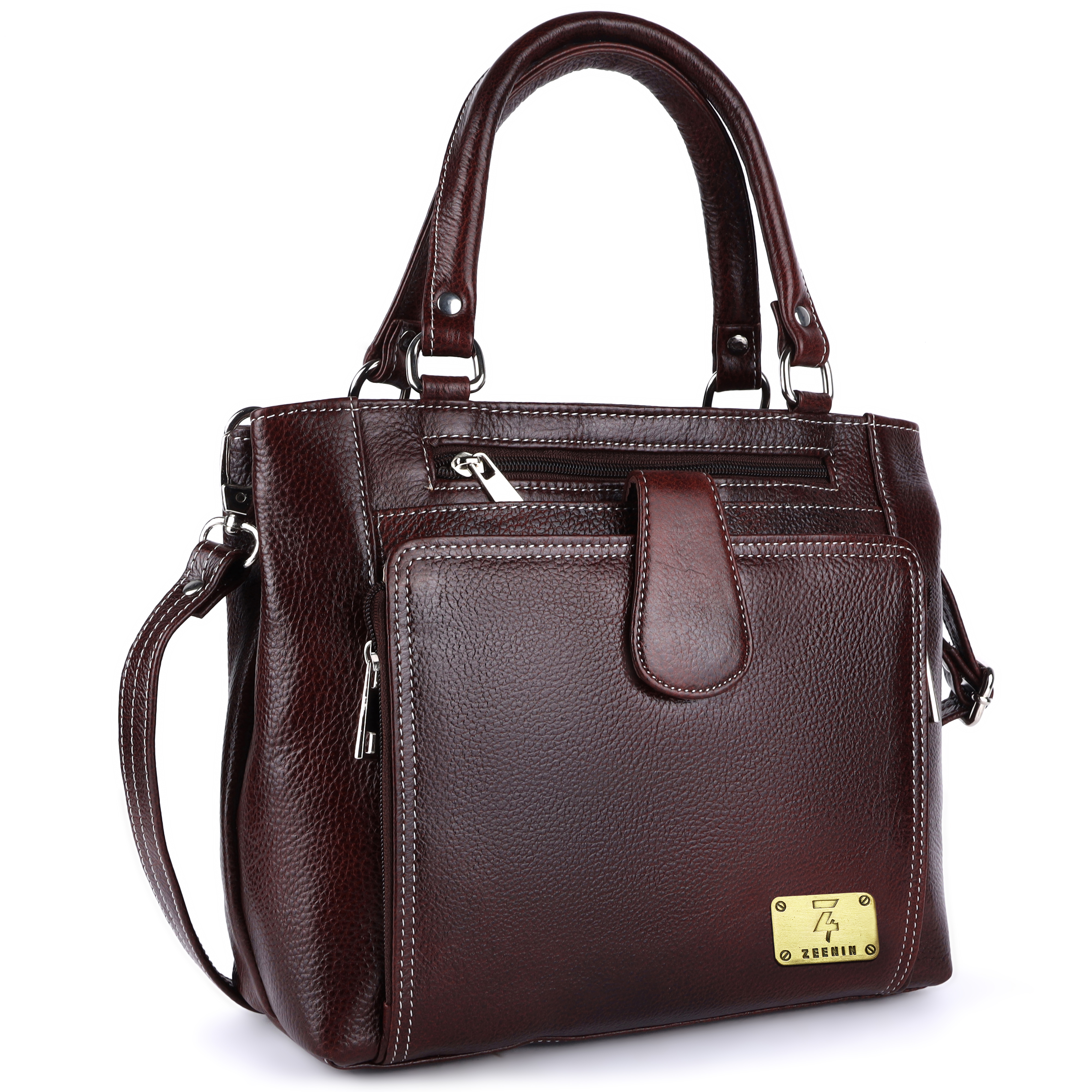 Zeenin Genuine Natural Leather Handbag Shoulder Tote Messenger Sling Top Handle Crossbody Bag for Women Girls | Front Zip Pocket Magnetic Closure | Brown