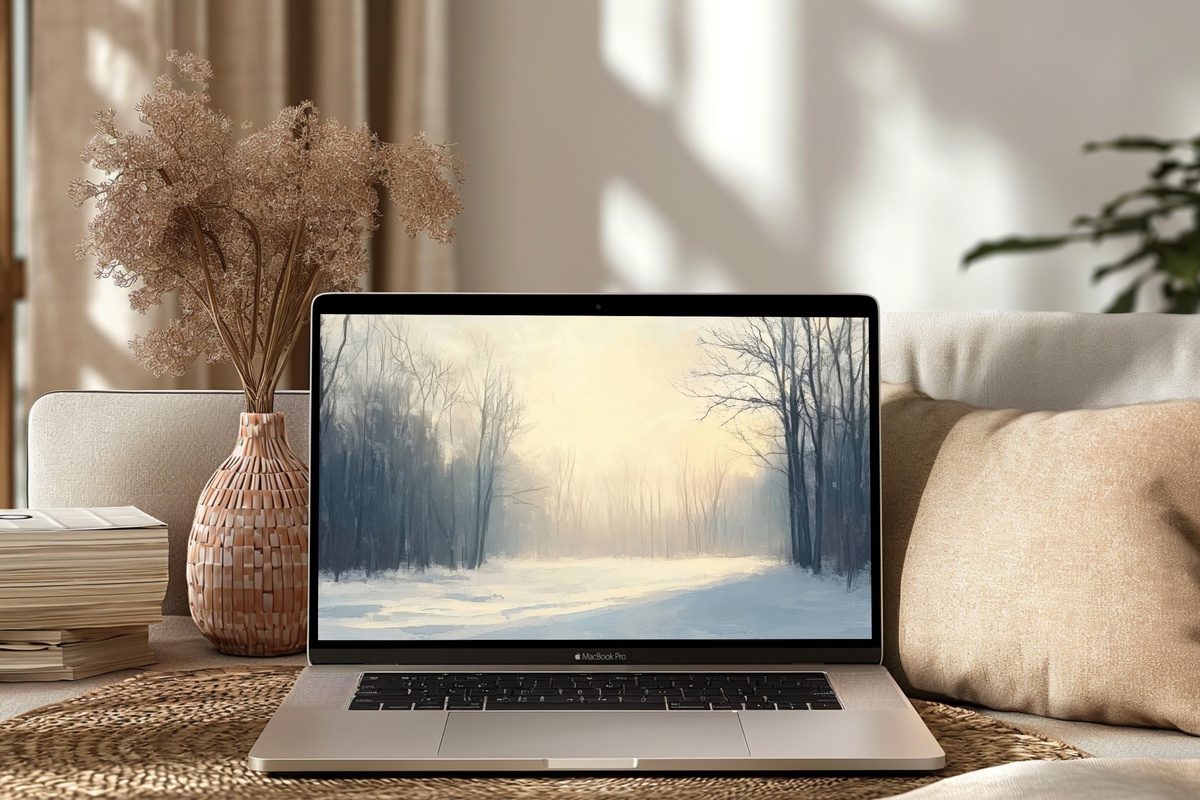 Frozen Dawn's Tranquil Glow desktop wallpaper — frosty forest sunrise on computer screen