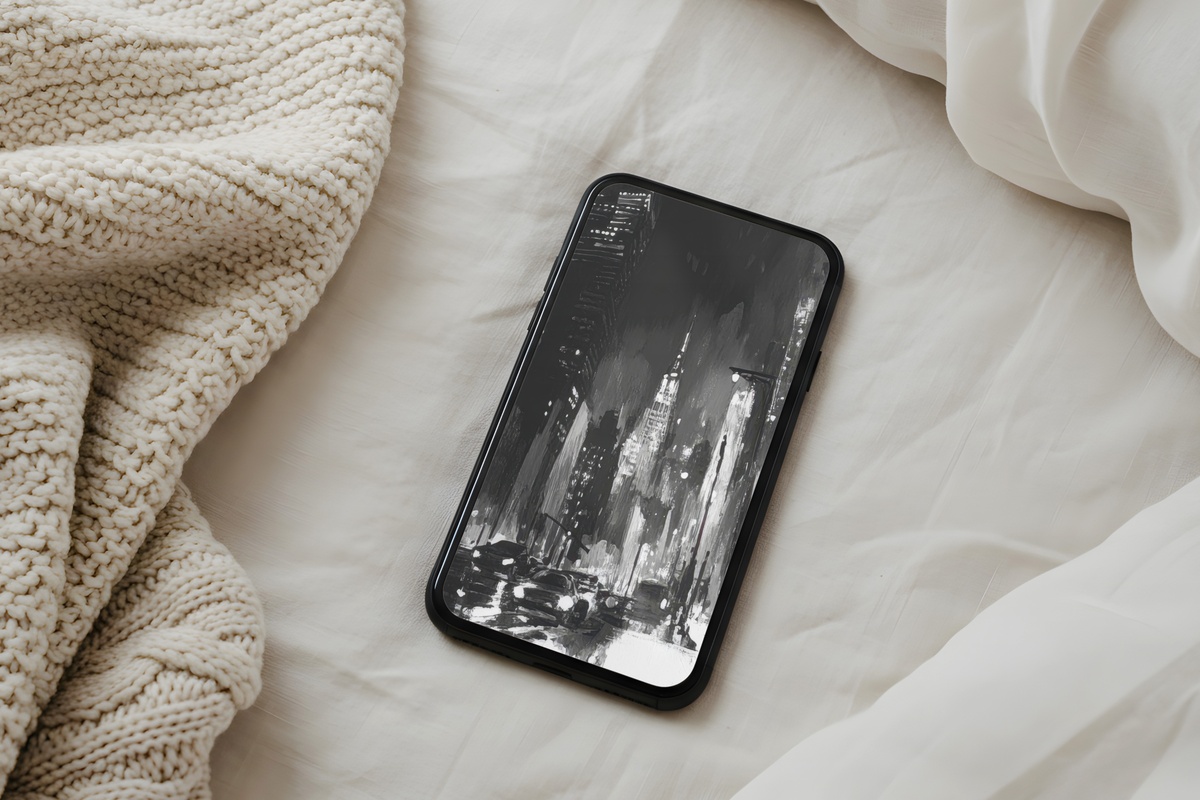 Urban Night Pulse black and white iPhone wallpaper with cityscape light-trail photography