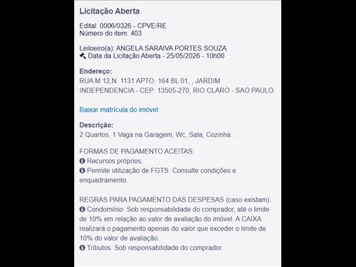 RUA M 12 N. 1131 Apto. 164, BL 01, JARDIM INDEPENDENCIA, RIO CLARO - SP.