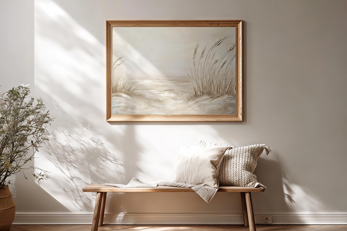 Sea Grass Dune Whispers coastal printable wall art featuring sea grass bending over coastal dunes