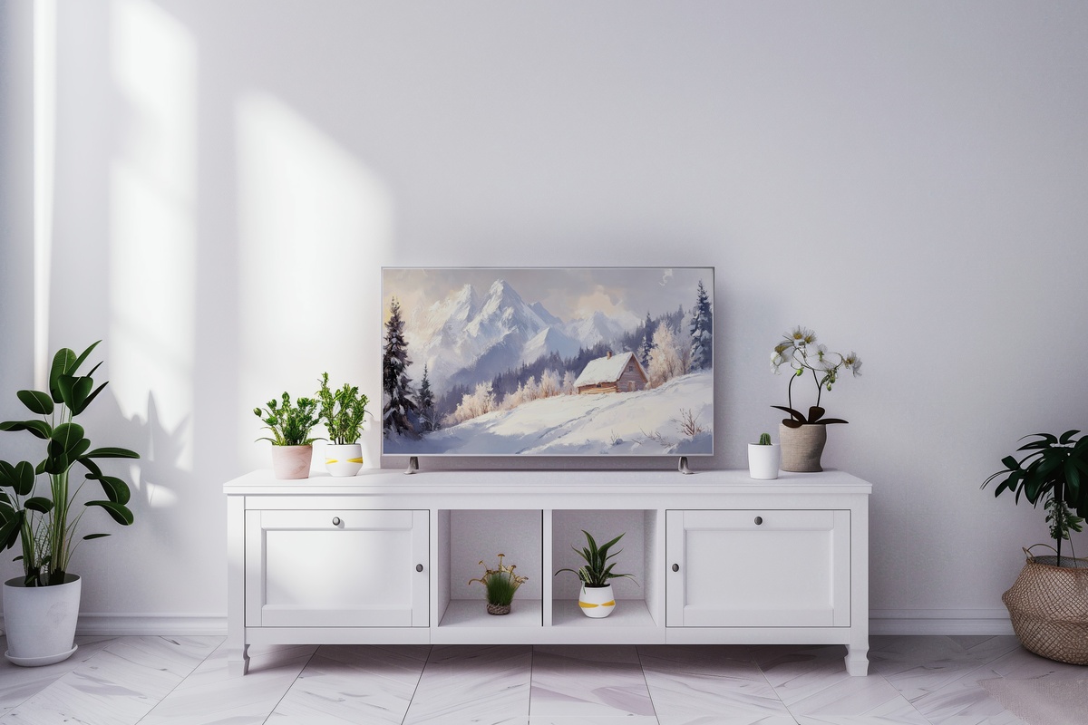 Ethereal Mountain Sojourn Frame TV Art - mountain cabin in winter alpine scene