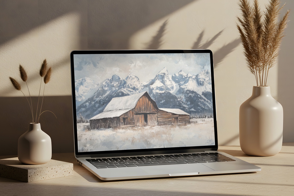 Mountain Snow Barn Stillness farmhouse desktop wallpaper — red barn against snowy mountain landscape
