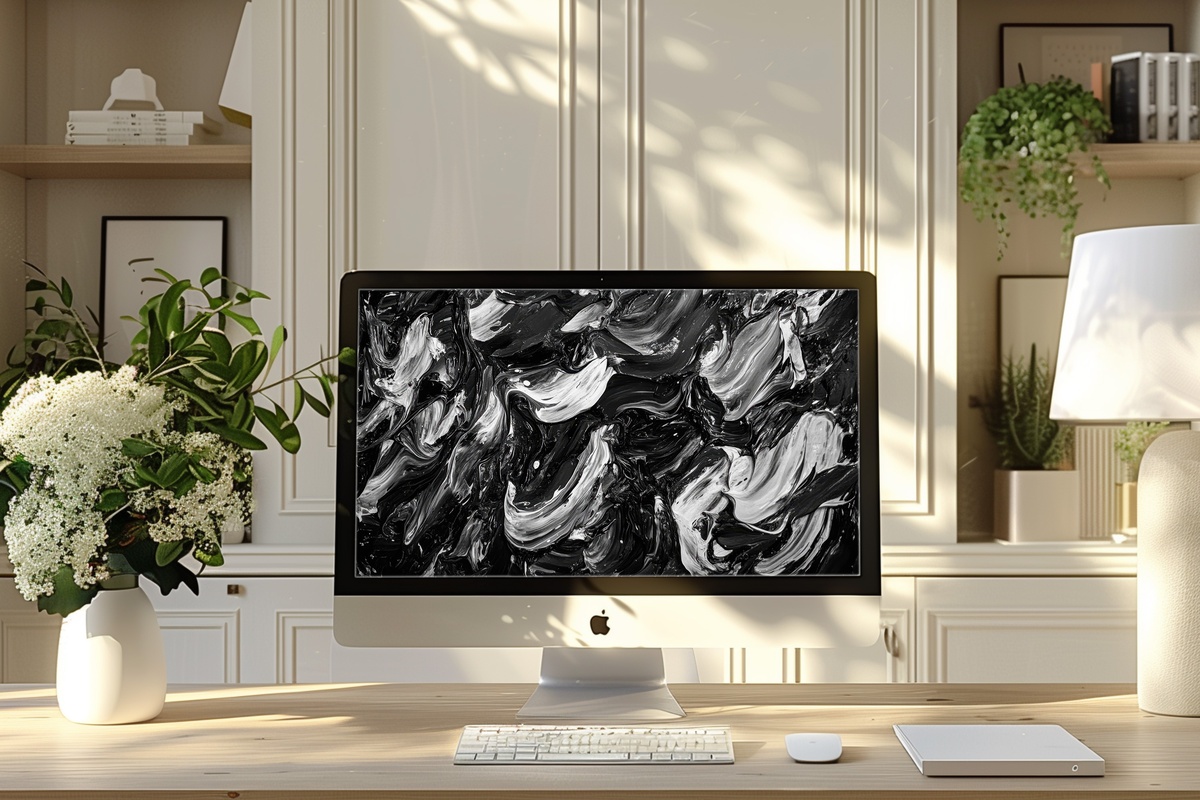 Dynamic Brushstroke Energy black and white desktop wallpaper