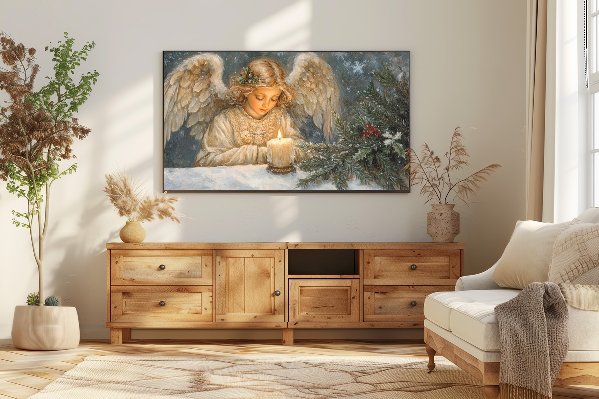 Candlelit Angel in Serenity Christmas Frame TV Art