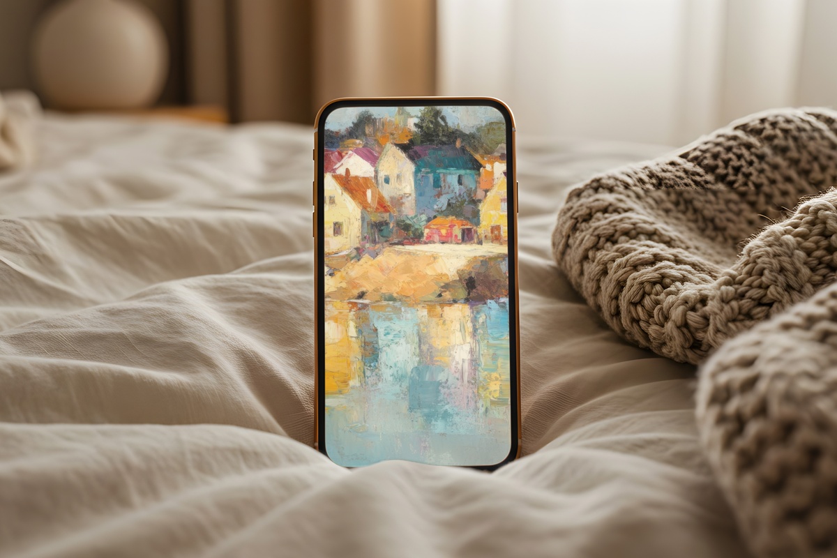 Impressionist Village Harmony coastal iPhone wallpaper with soft earth tones
