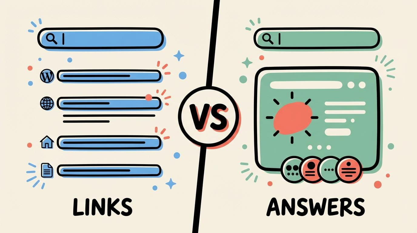 Traditional search returning ranked blue links versus AI search synthesizing a single answer from multiple sources