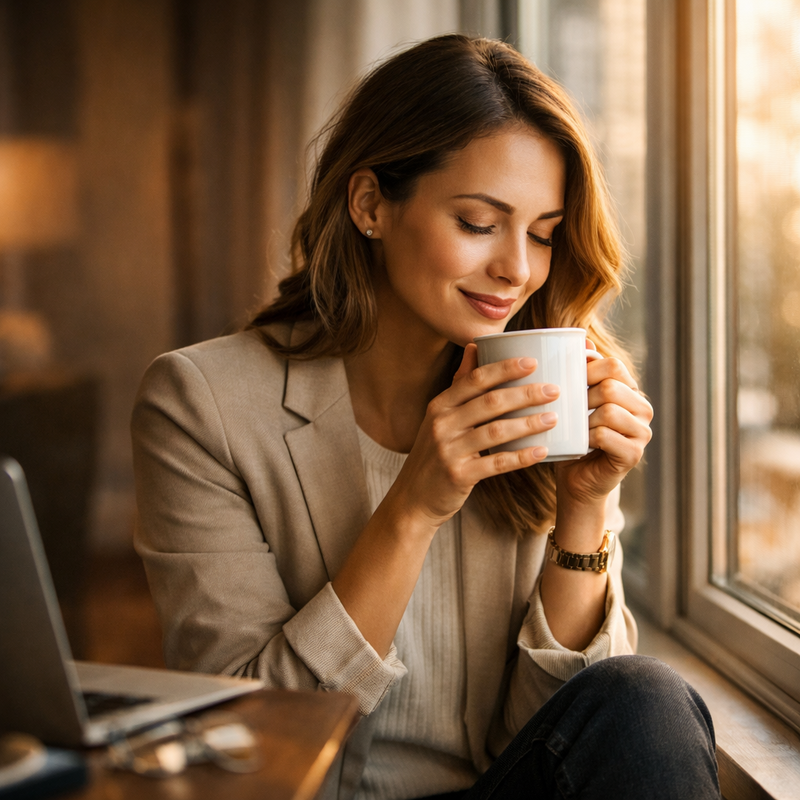 Femme de 45 à 60 ans lisant un livre confortablement avec une tisane, idée de cadeau de rétablissement apaisant Femme de 45 à 60 ans lisant un livre confortablement avec une tisane, idée de cadeau de rétablissement apaisant
