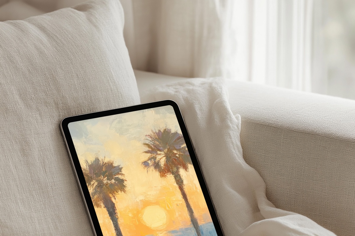 Sunlit Whisper of Palms iPad Wallpaper - ochre and blue summer tablet wallpaper