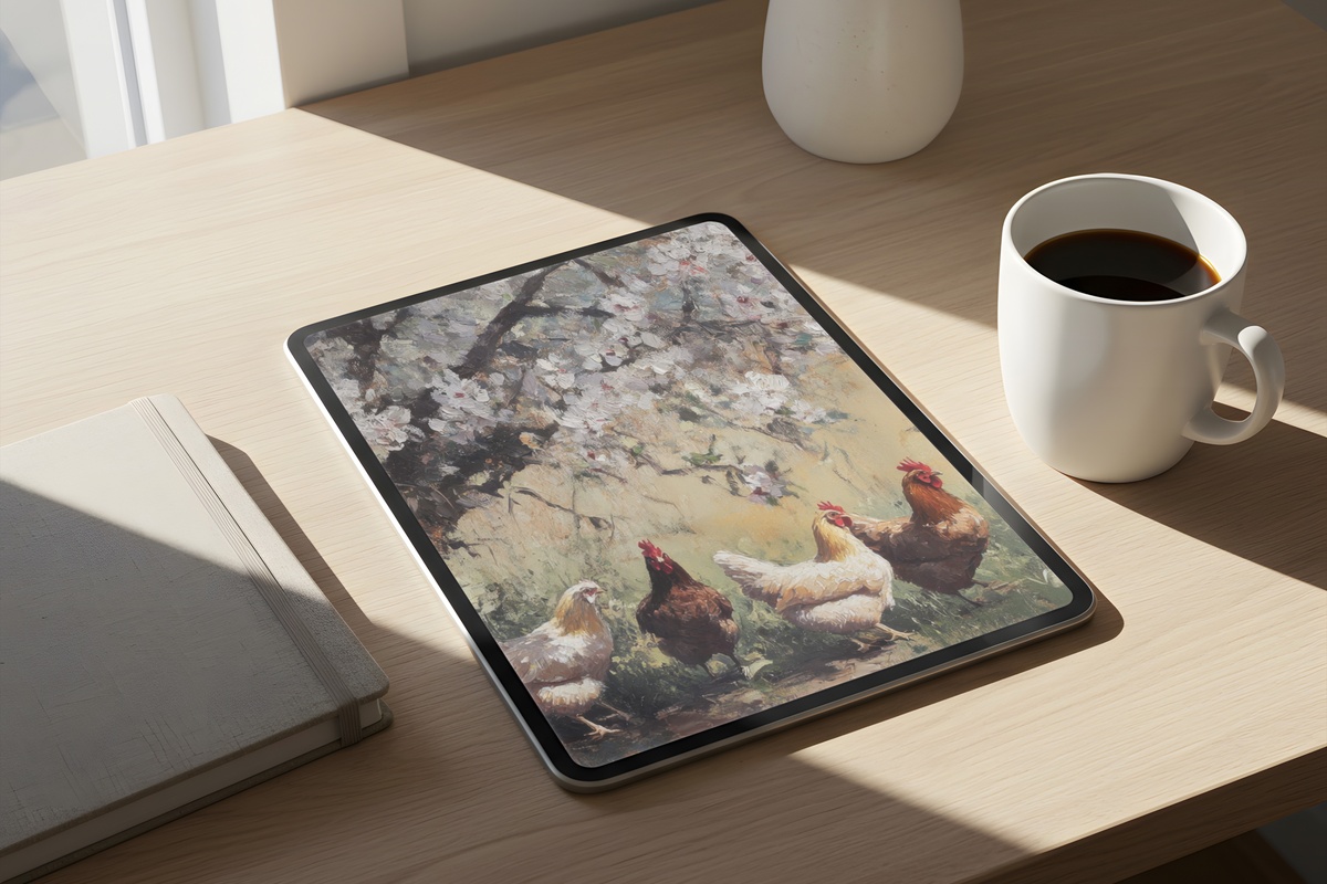 Blossom-Watching Chickens Farmhouse iPad Wallpaper
