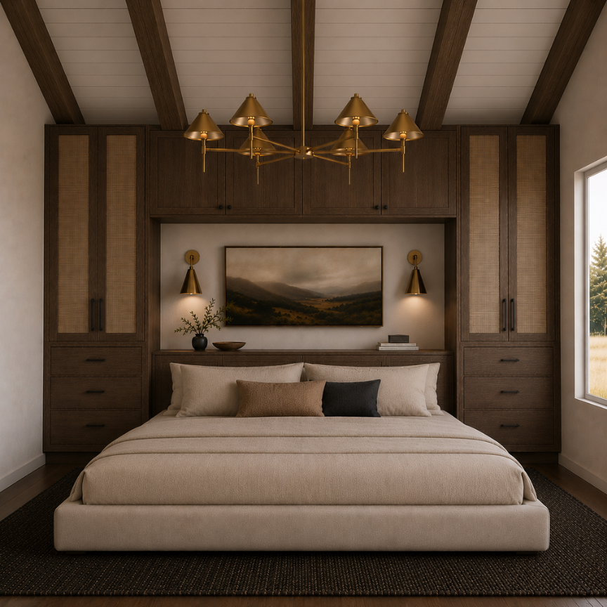 Primary bedroom with built-in wood wardrobes, cane door panels, and brass sconces