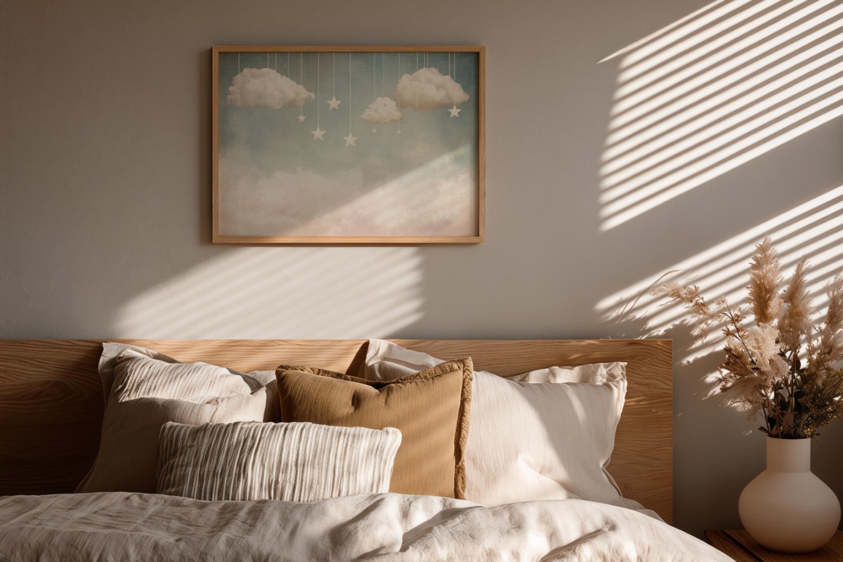 Suspended Starlit Cloud Dreams nursery printable wall art with dreamy clouds and hanging stars