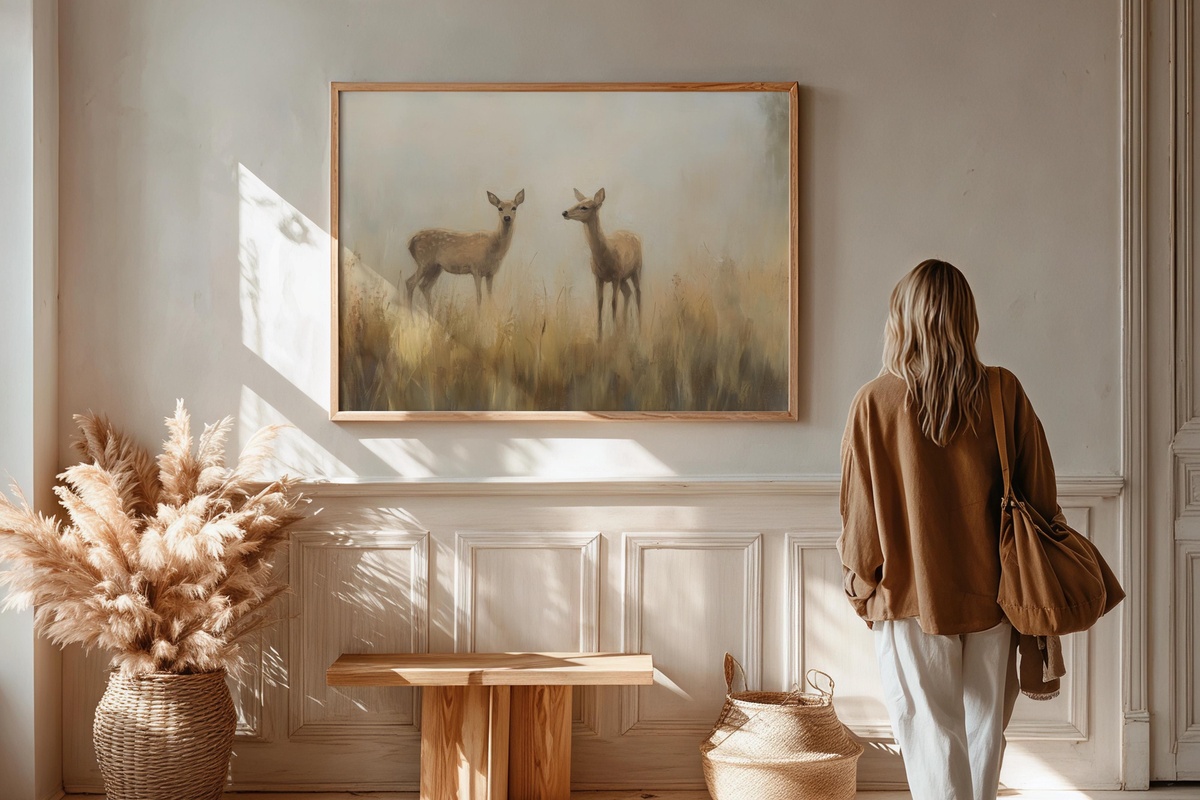 Serene Meadow Deer Stroll Vintage Printable Wall Art - impressionist deer in a pastoral meadow