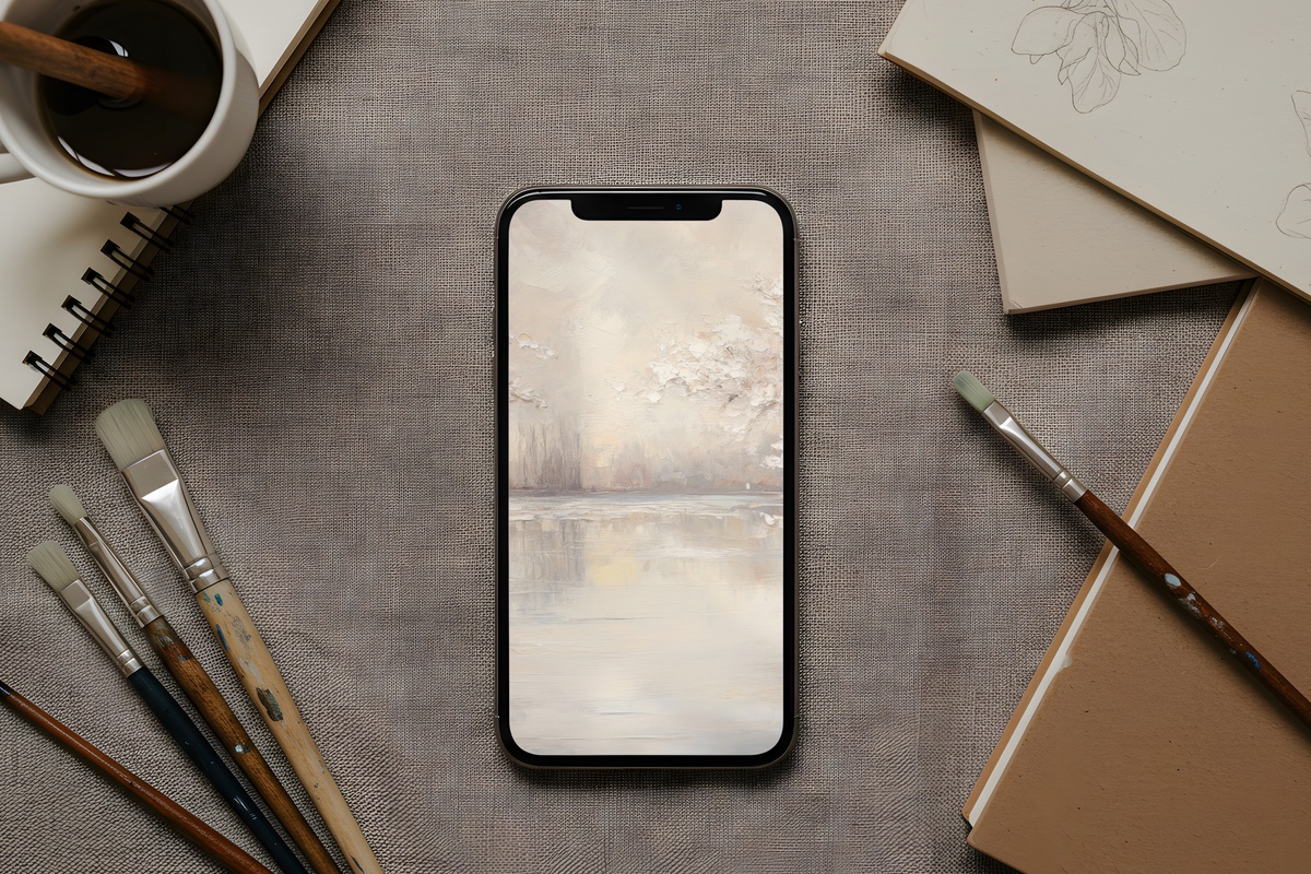 Mirror-like Cherry Lake iPhone Wallpaper with calming cherry blossom reflection in soft earth tones