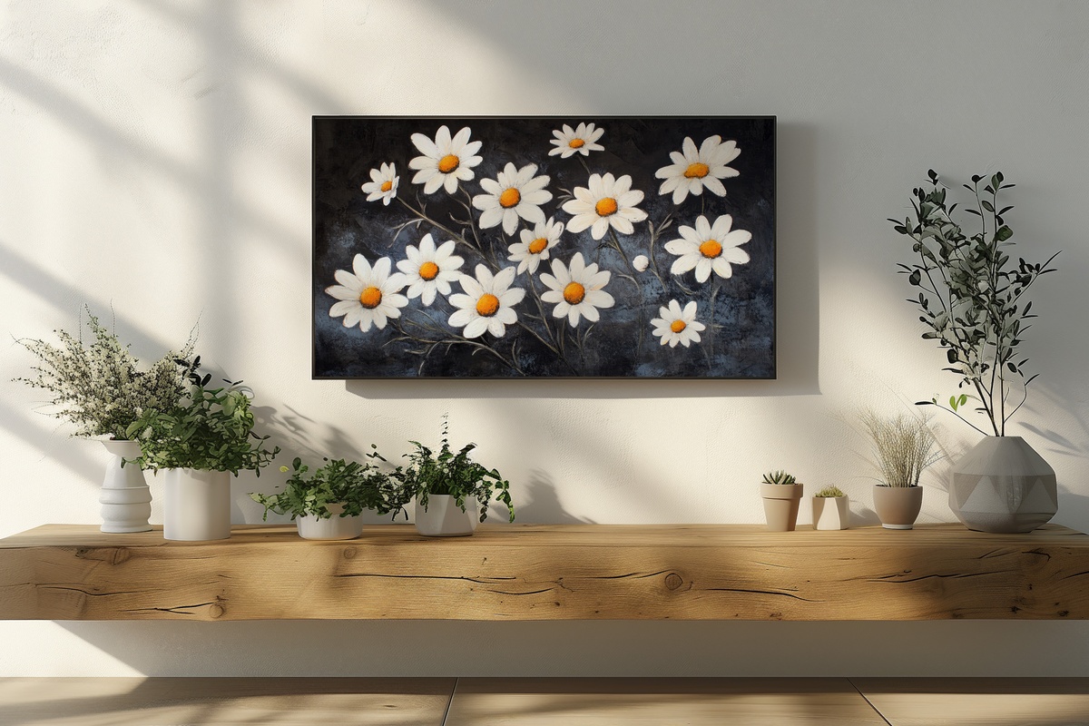 Daisies in Contrasting Light Floral Frame TV Art — bold light-dark daisy composition