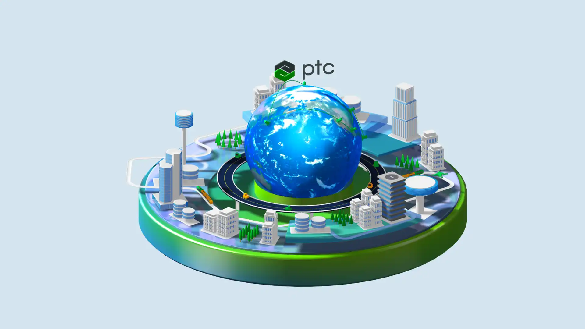 3D rendered PTC holiday card scene featuring a globe surrounded by architectural towers on a circular platform with scrolling text reading PTC offices around the world