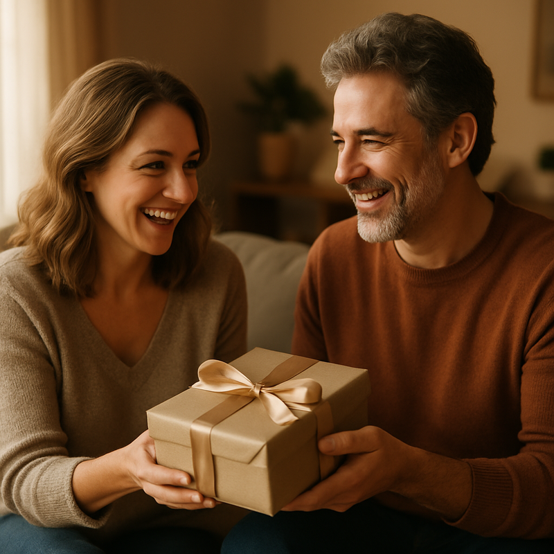 Persona recibiendo una caja de regalo cerrada con cinta en casa, con expresión de alegría, ideal para un décimo aniversario. Persona recibiendo una caja de regalo cerrada con cinta en casa, con expresión de alegría, ideal para un décimo aniversario.