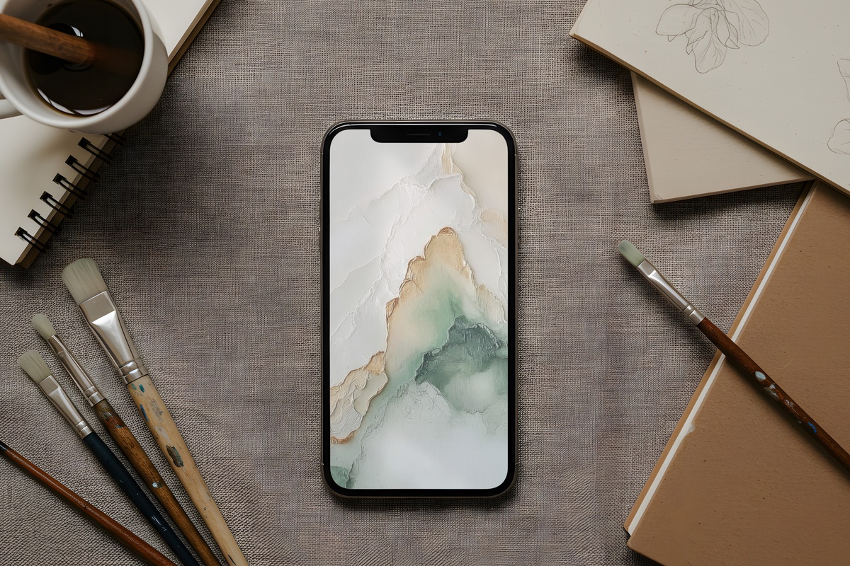 Marble Dreams in Motion neutral phone wallpaper in soft sage marble tones