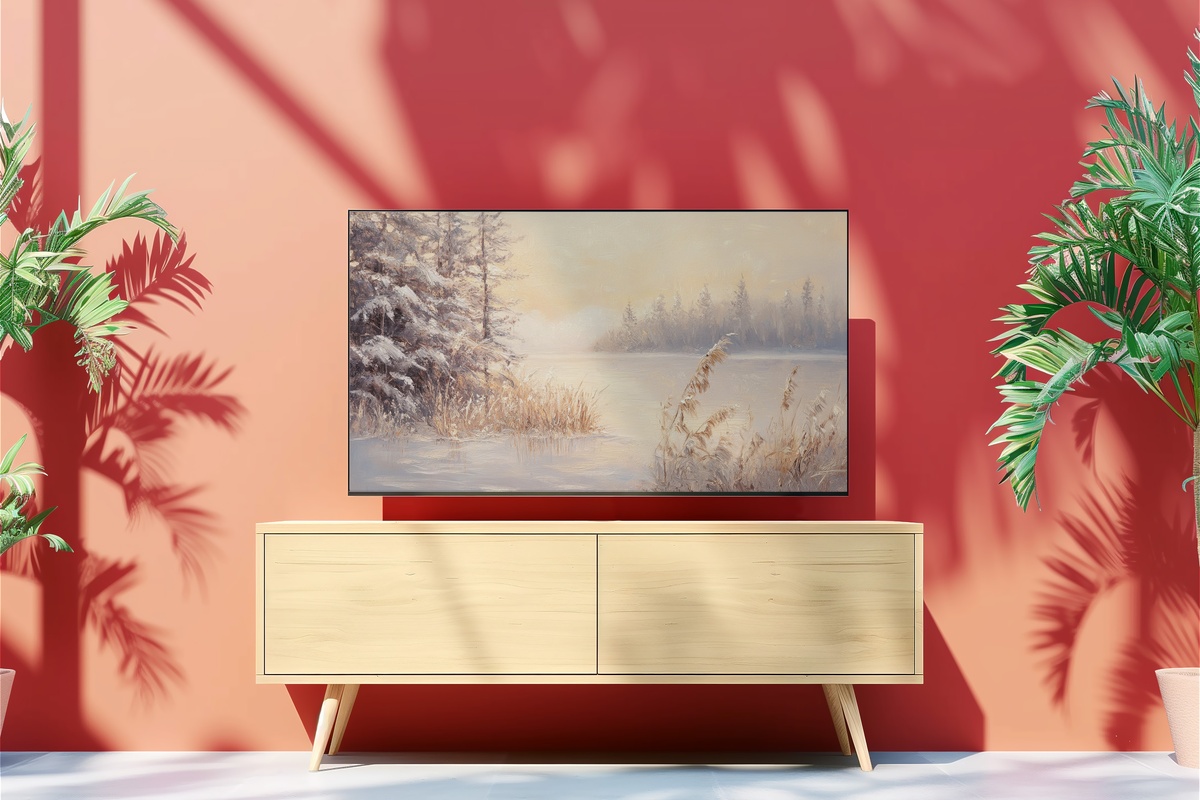 Winter's Gilded Embrace Frame TV Art — golden winter glow landscape