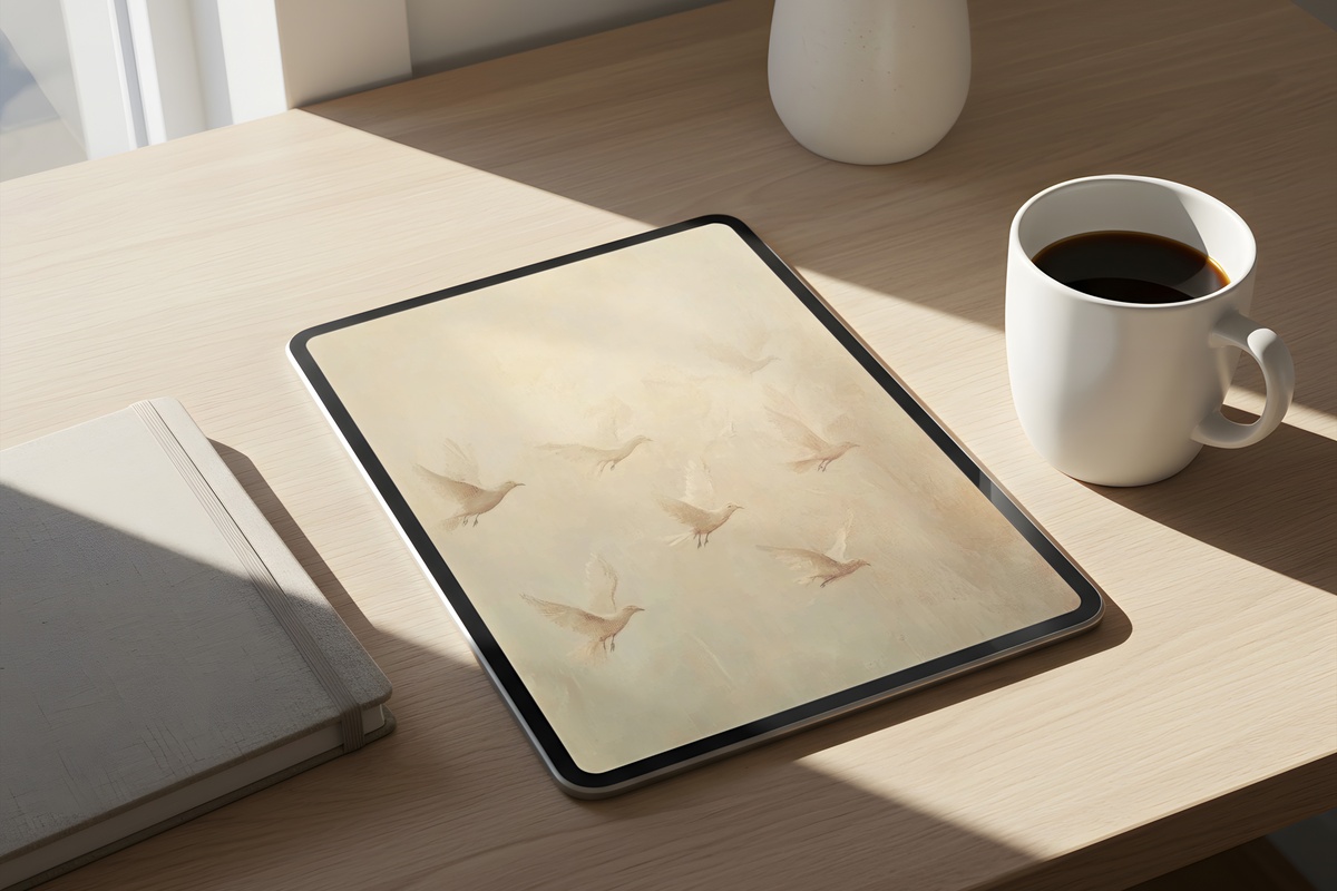 Birds in Twilight Hues vintage iPad wallpaper with muted dusk tones