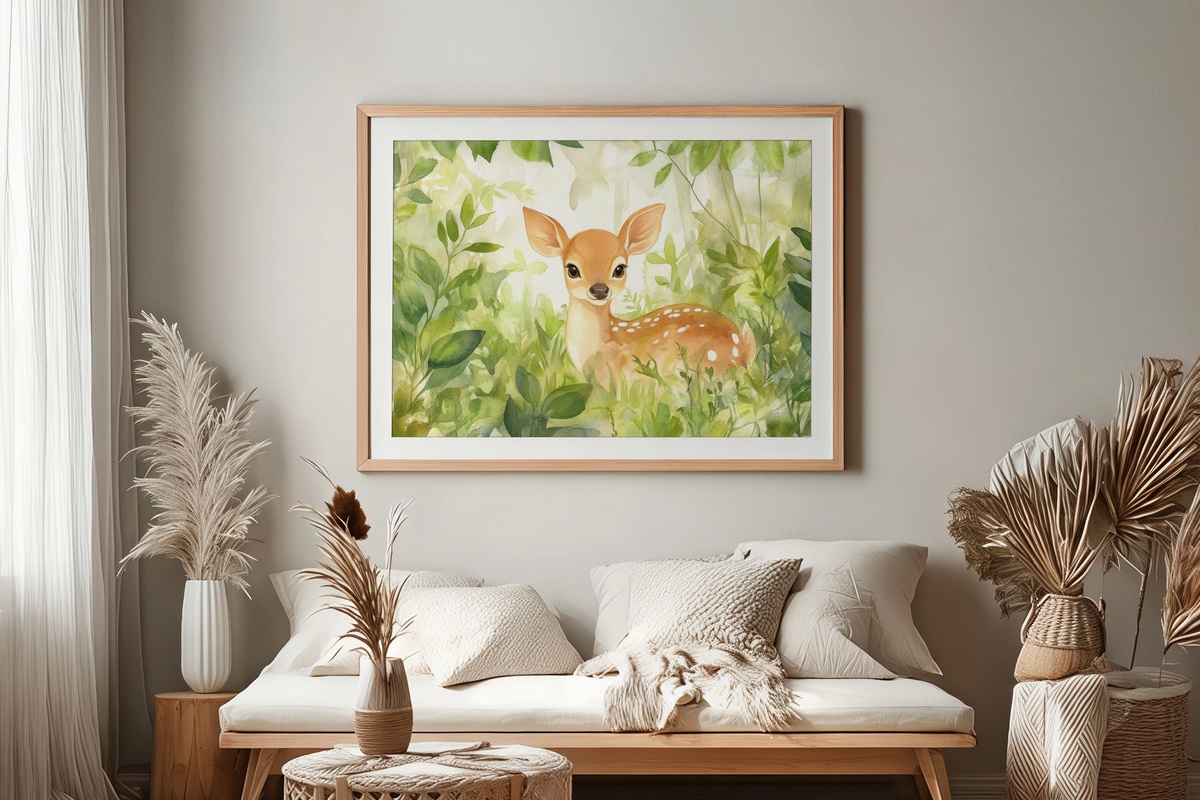 Woodland Whisper of Innocence nursery printable wall art with gentle deer in a watercolor woodland scene