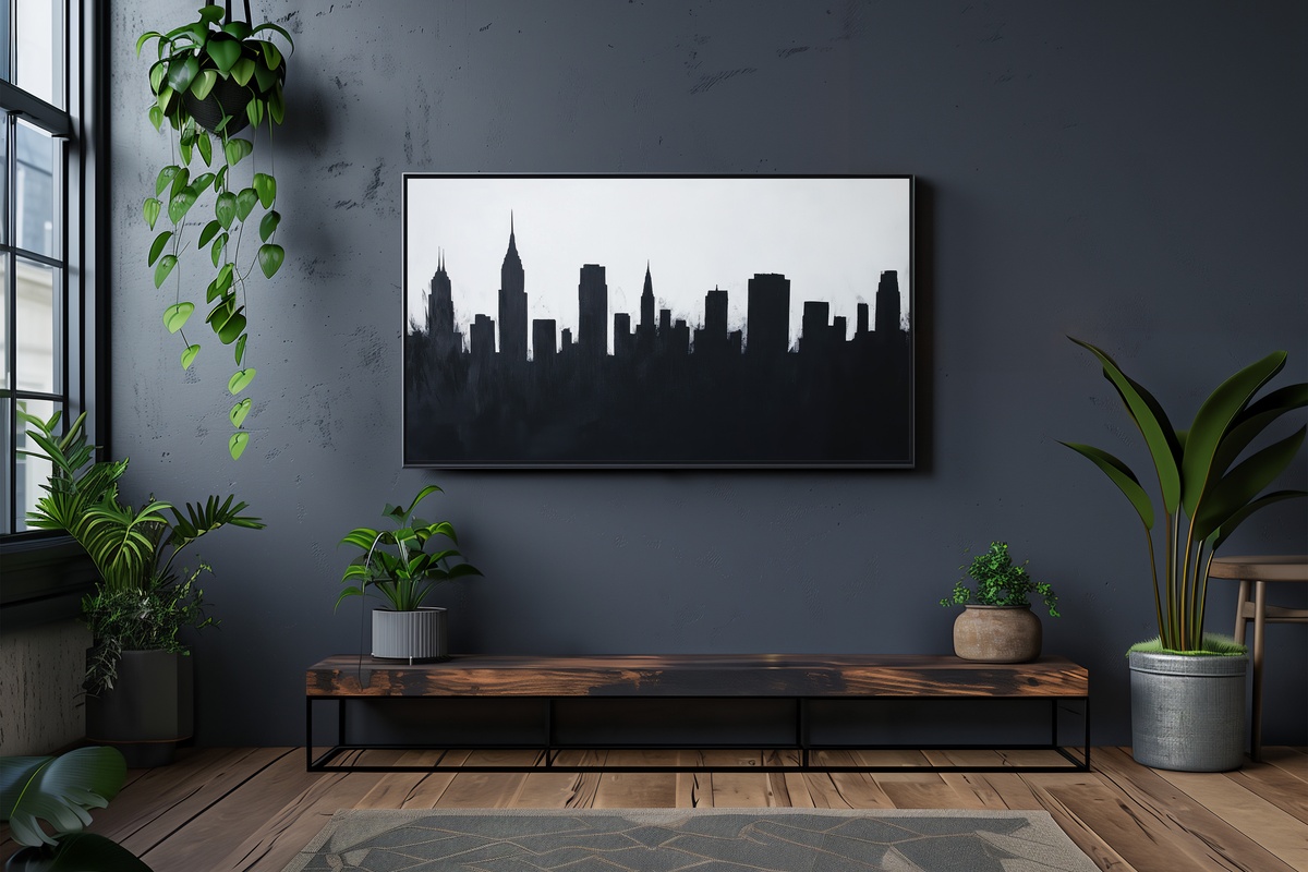 Dramatic Urban Silhouette Black and White Frame TV Art