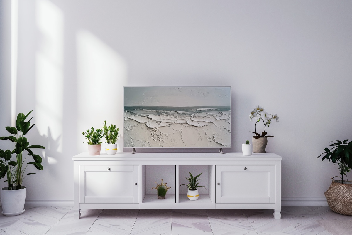 Breezy Seaside Silhouettes Frame TV Art — impressionist beach scene in soft neutral palette