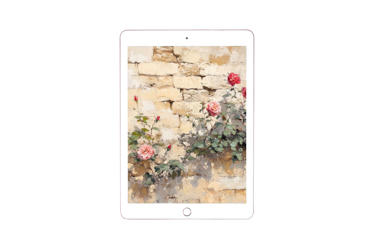 Stone Garden Roses Reverie vintage iPad wallpaper with soft blooms and warm ochre palette