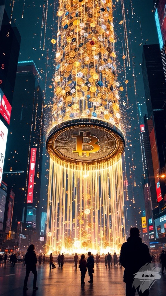 A skyscraper-sized coin spinning slowly in the middle of Times Square, surrounded by holographic graphs and digital streams of currency symbols cascading down like a waterfall.