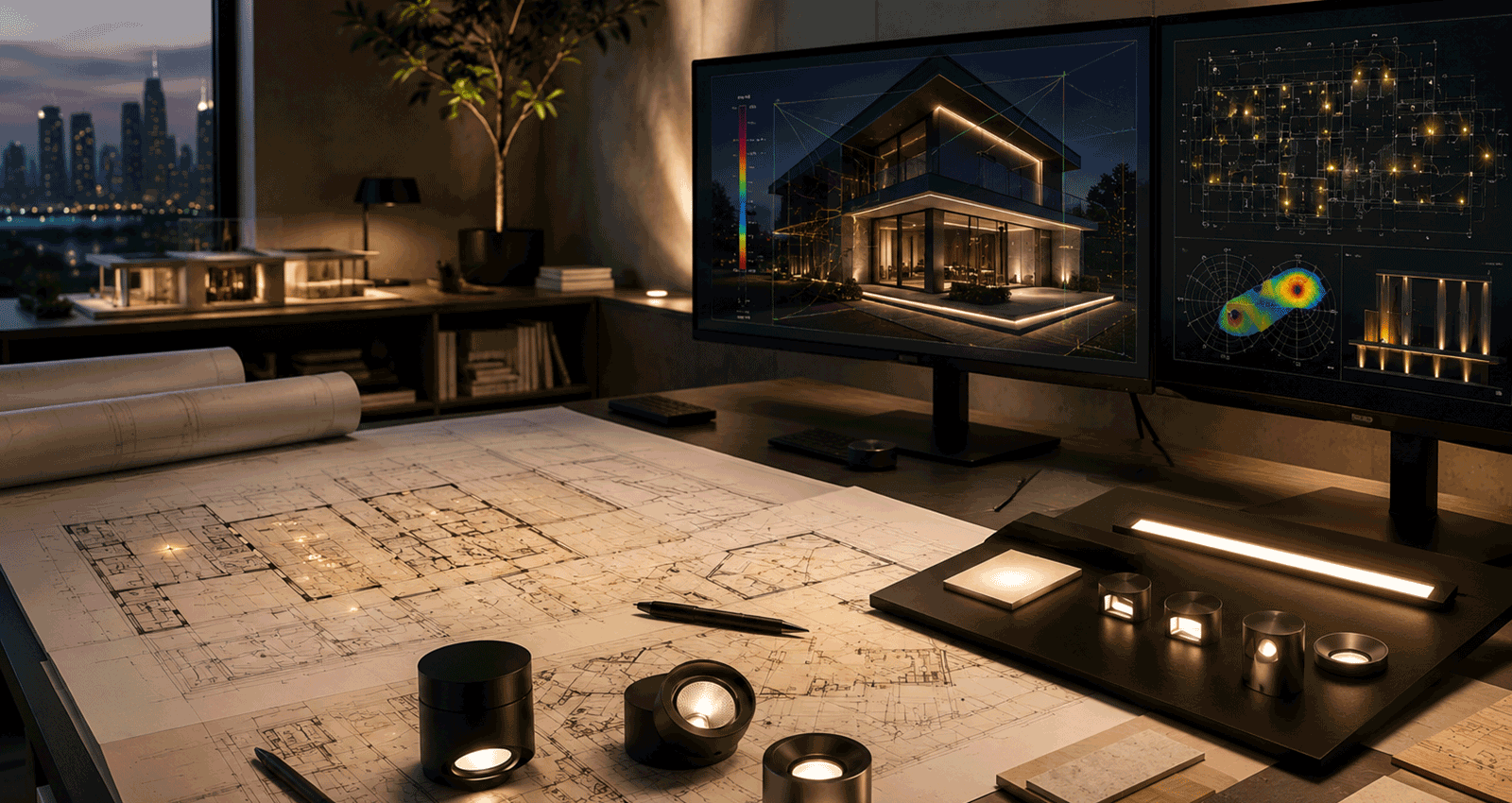 blog-img-22.png Architectural lighting design workspace with lighting plans, fixture samples, and digital lighting simulations.