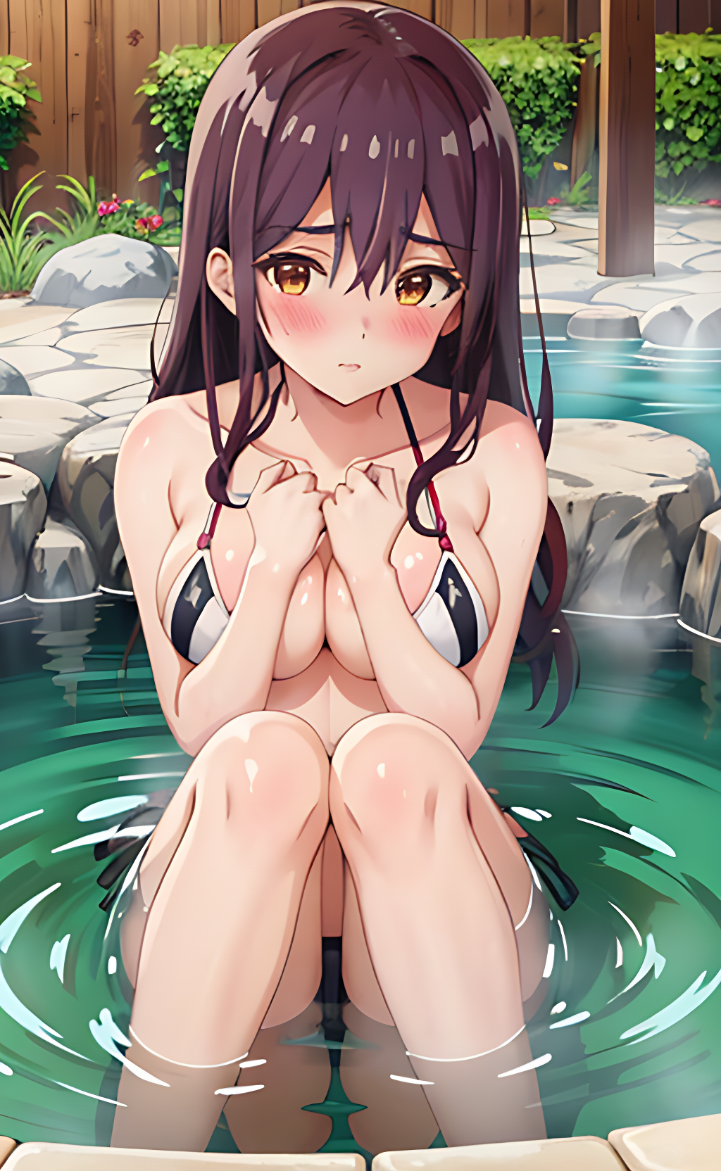 AIイラスト勉強中(ご注意:奇形や違和感あります) by AI実験室 with beautiful girl, Mitsuki Yano, Yuri is My Job!, onsen, bikini, swimsuit, breasts