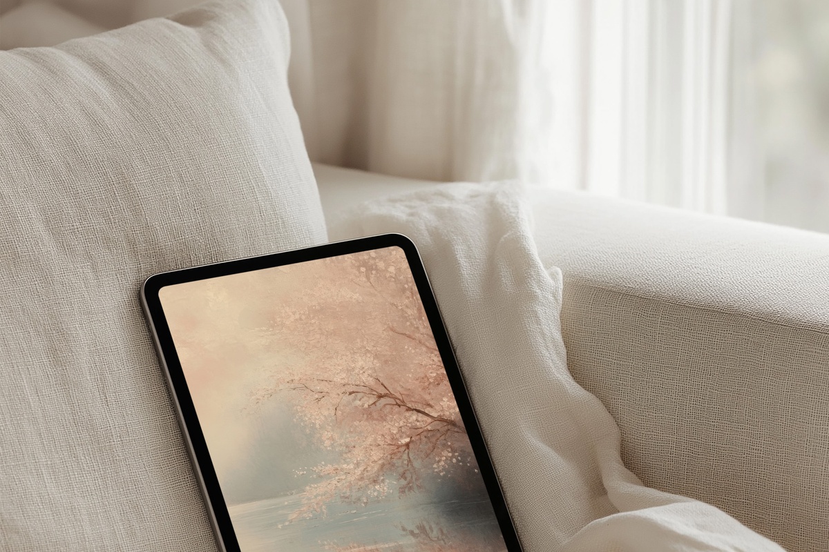 Cherry Trees by Serene Waters iPad Wallpaper - blush-hued landscape with cherry blossoms