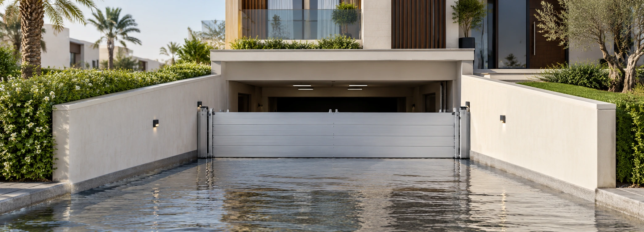 Basement flood barrier installed across a villa garage ramp entrance in the UAE