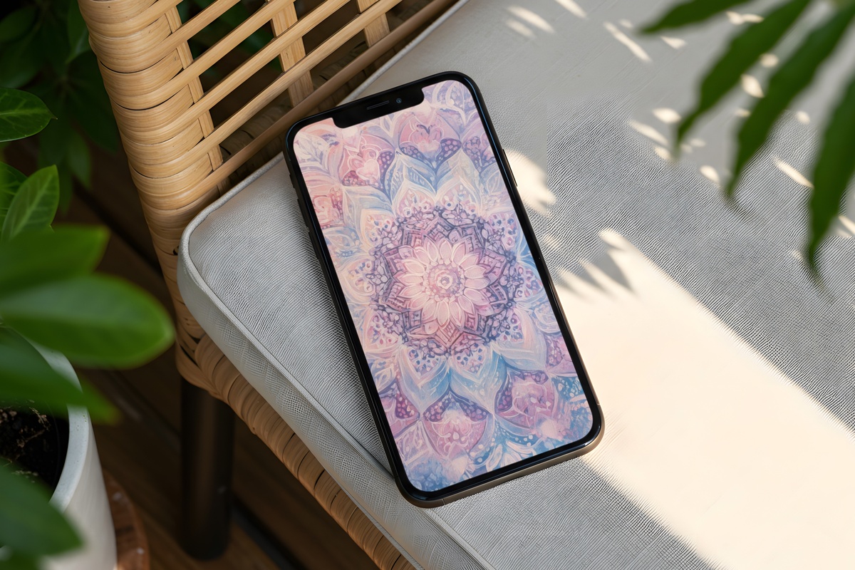 Pastel Mandala Serenity boho iPhone wallpaper in soft muted tones