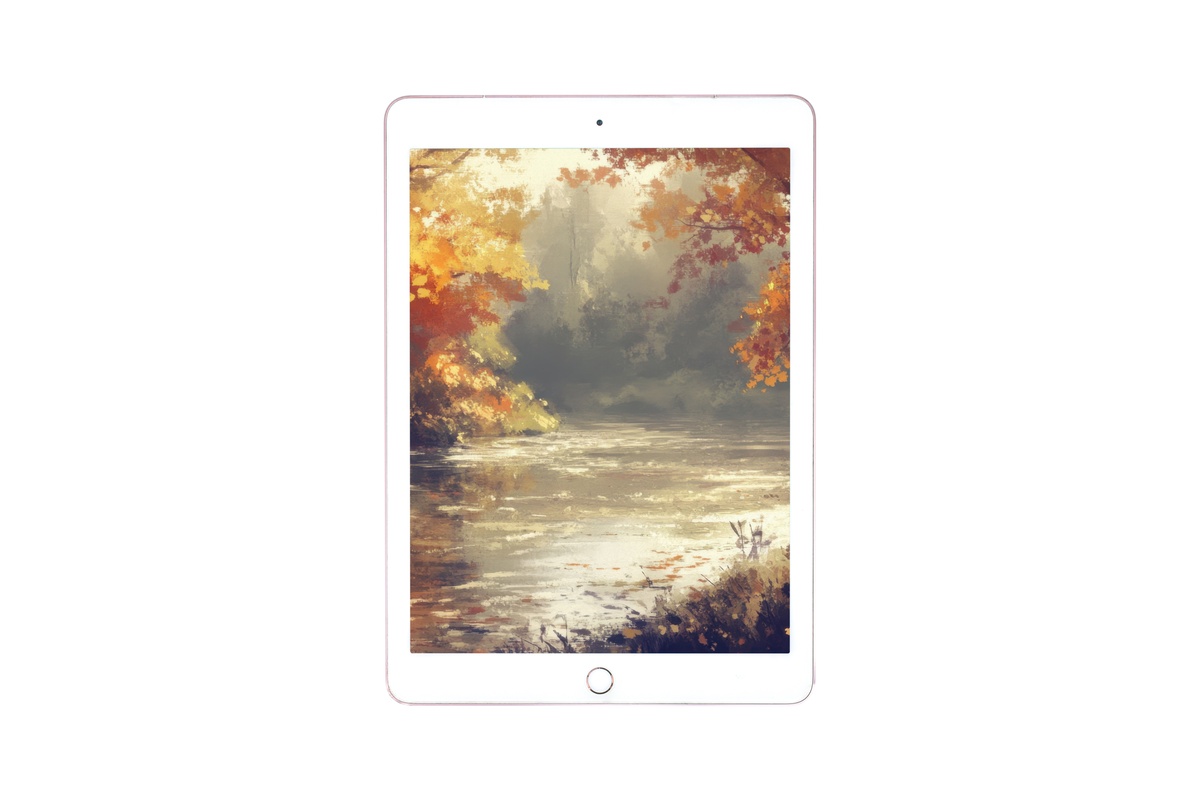 River of Autumn Serenity iPad wallpaper with rich ochre and rust landscape tones