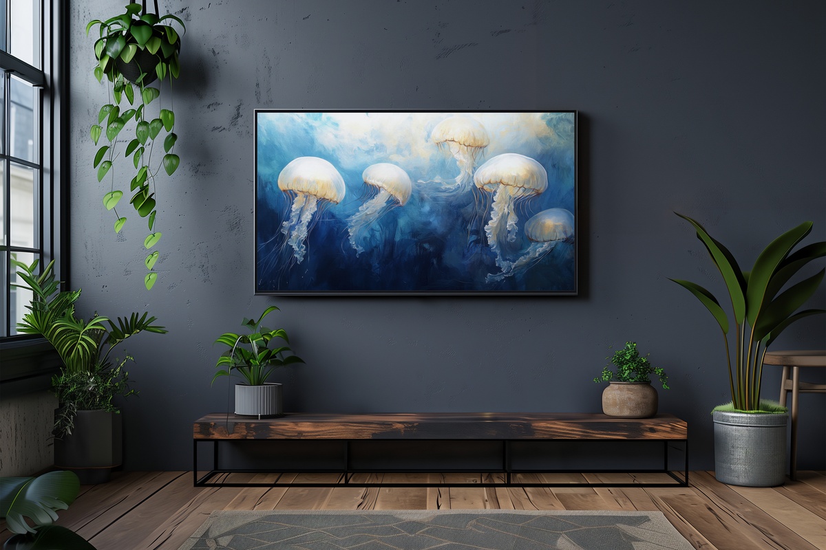 Jellyfish Serenade in Blue Coastal Frame TV Art