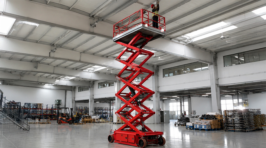 blog-12.jpg Red scissor lift operating inside a warehouse.