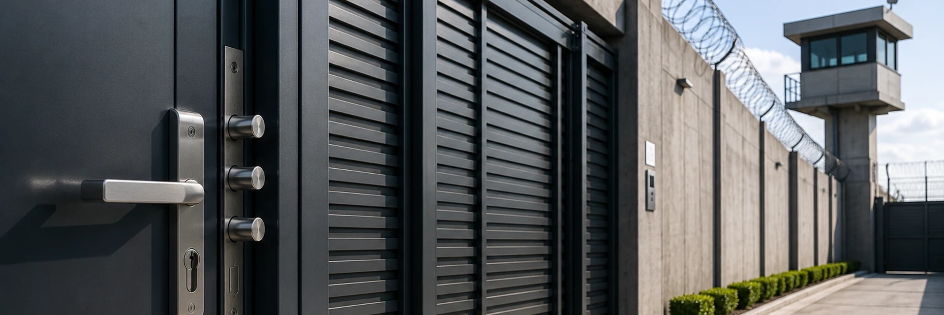High-security steel door and security gate protecting a secure facility