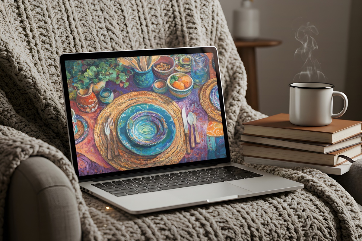 Tabletop Elegance Spread Boho Laptop Wallpaper with bohemian table setting flatlay