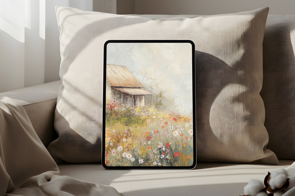 Blossoming Pastoral Whisper Vintage iPad Wallpaper - dreamy pastel meadow scene