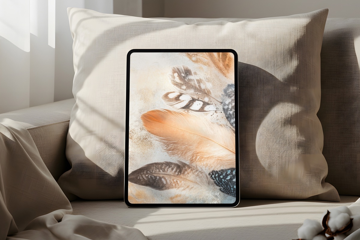 Feathered Wall Whimsy boho iPad wallpaper in soft amber and beige