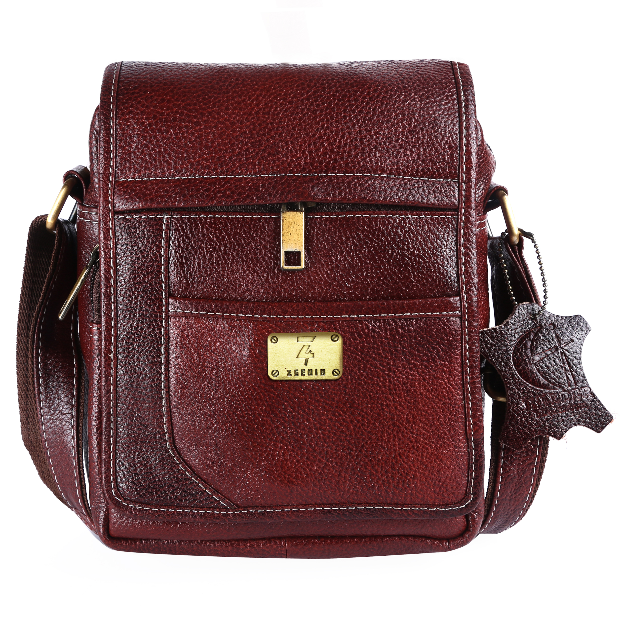 Zeenin Pure Genuine Leather 9 inches Sling Cross Body Travel Office Tablet Bag with Flap for Men and Women, Brown