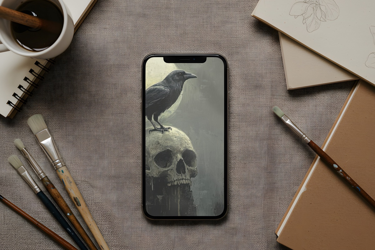 Crow and Skull in Moonlight Halloween iPhone Wallpaper