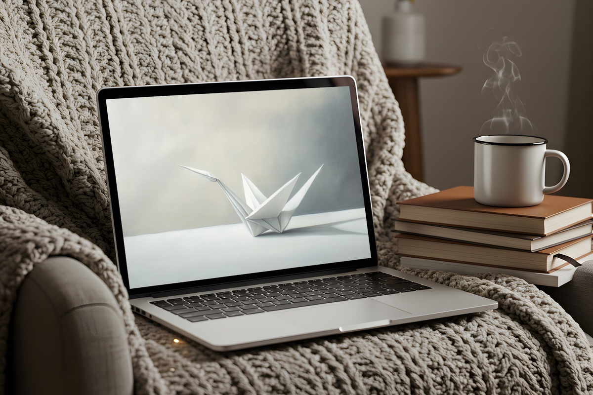Minimalist Origami Crane Elegance desktop wallpaper with clean crane illustration on a soft background