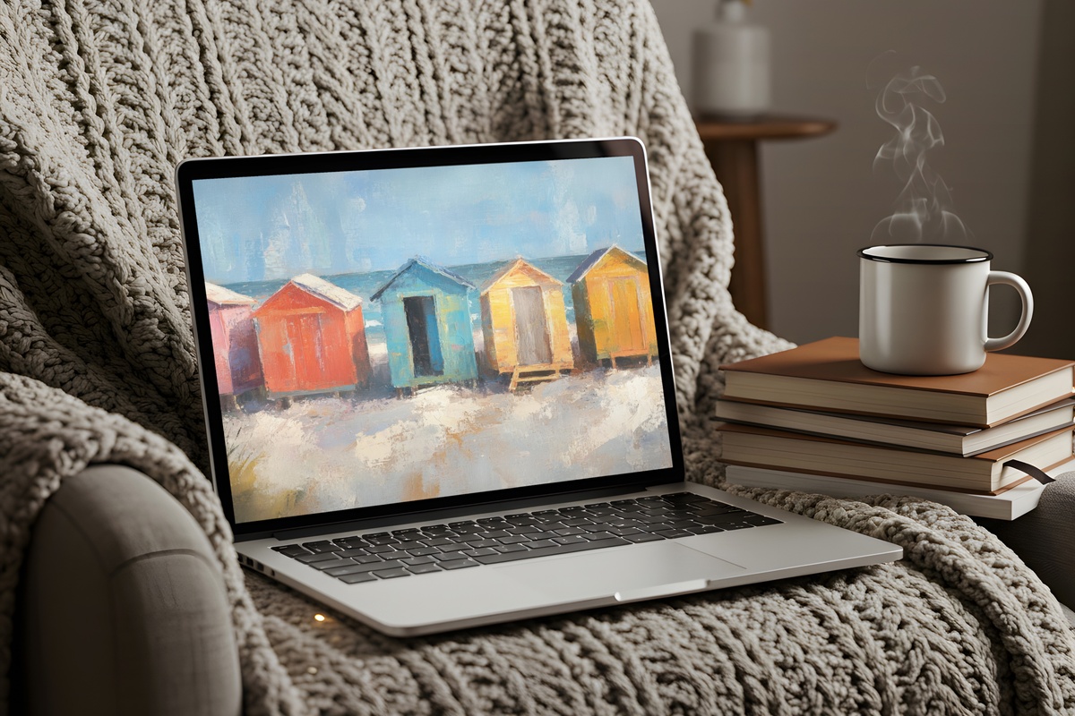 Vibrant Coastal Hut Harmony desktop wallpaper with colorful beach huts in impressionist style