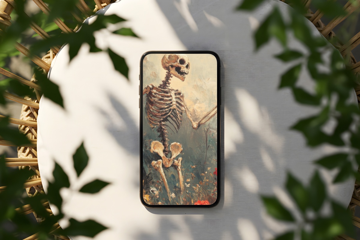 Autumn Skeleton Bloom Dance Halloween iPhone Wallpaper — soft cream and warm autumn tones with floral skeletal figures